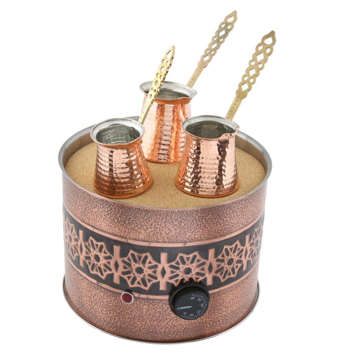 Tulip Home -Traditional Copper Turkish Heating Sand Coffee Maker Med Round Trend Design Machine 110~230 Volt With Pot Set (3Sizes)