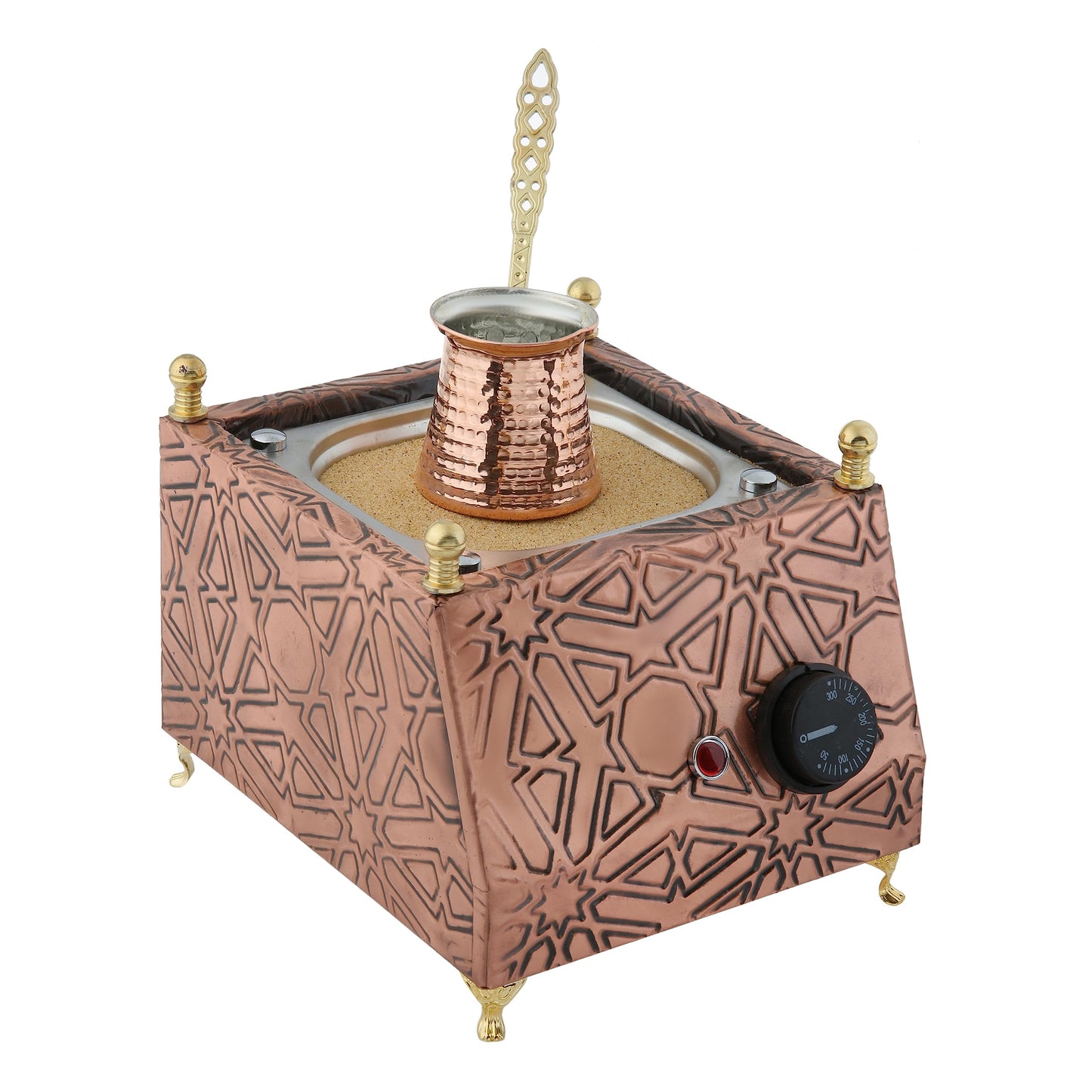 Tulip Home - Traditional Copper Turkish Heating Sand Coffee Maker Square Geometrical Design Machine 110~230 Volt With Pot