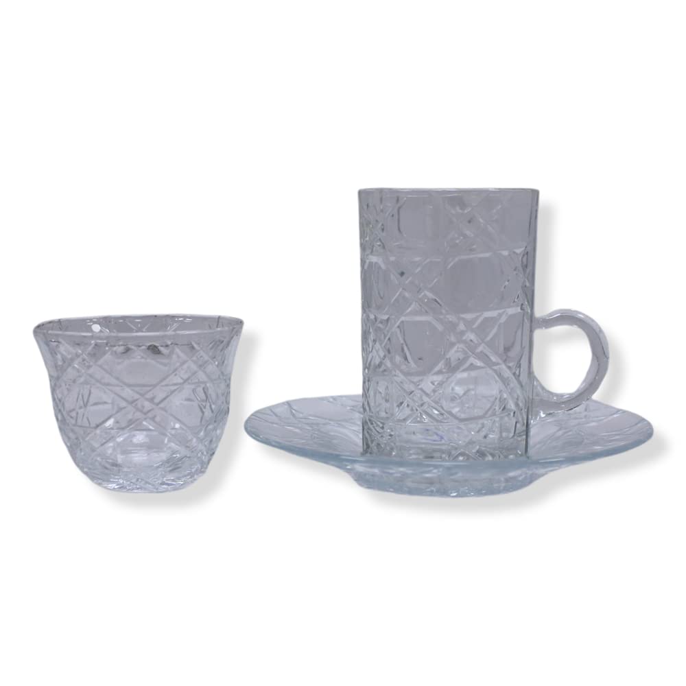 Premium Crystal Turkish Tea Glass Set - Crystal Coffee Glass Set, 18 Pcs - With Saucer Hand Craft, Perfect Full Set Hand Made Quality Glass, Housewarming, Weddings, Anniversary