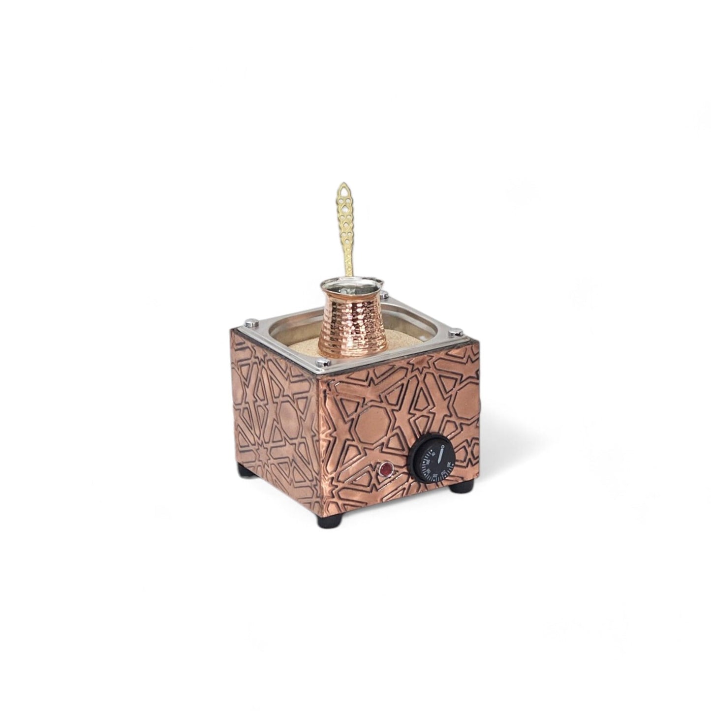 Tulip Home - Traditional Copper Turkish Heating Sand Coffee Maker Square Geometrical Design Machine 110~230 Volt With Pot