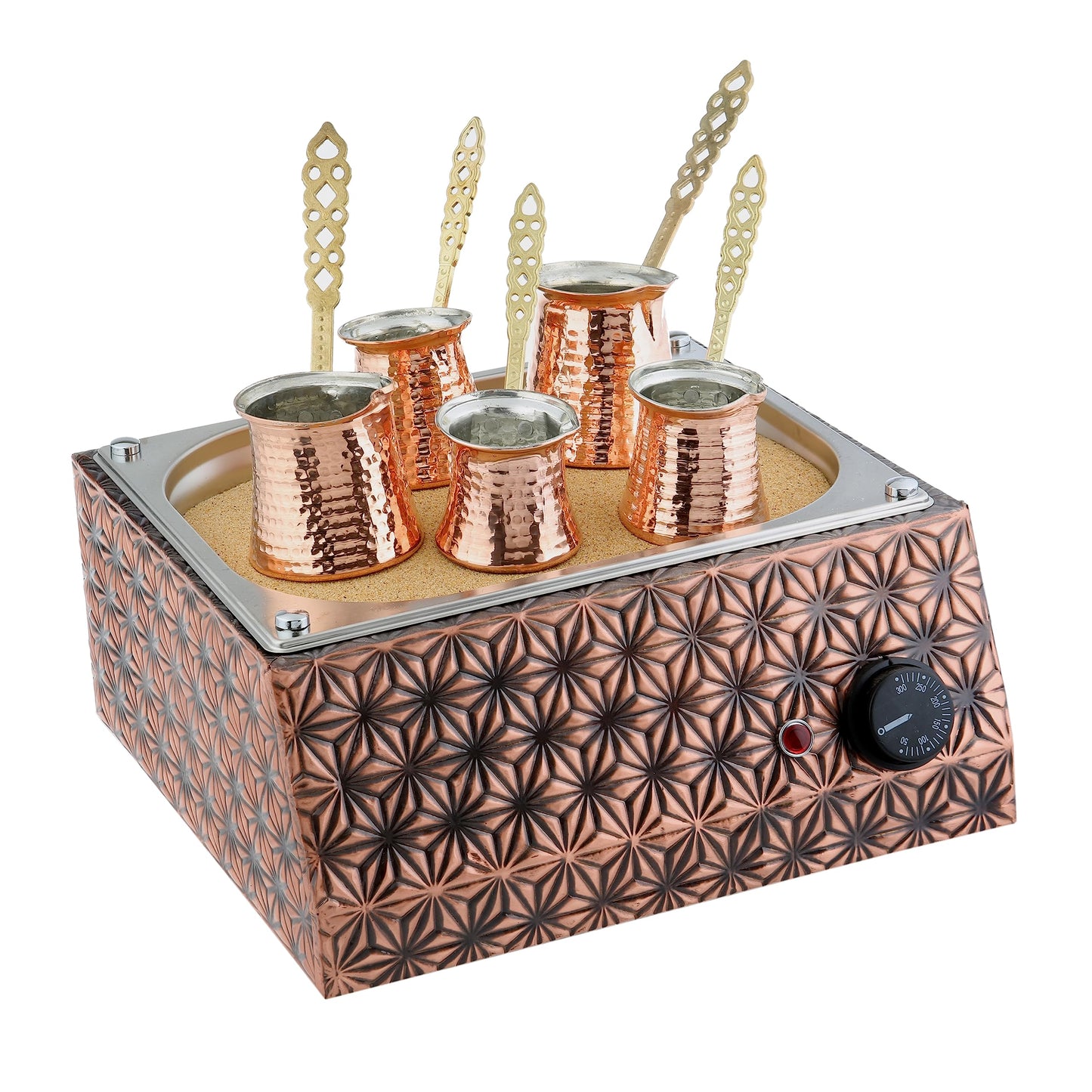 Tulip Home-Traditional Copper Turkish Heating Sand Coffee Maker Square Star Design Machine 110~230 Volt With Pot Set (5 Sizes)