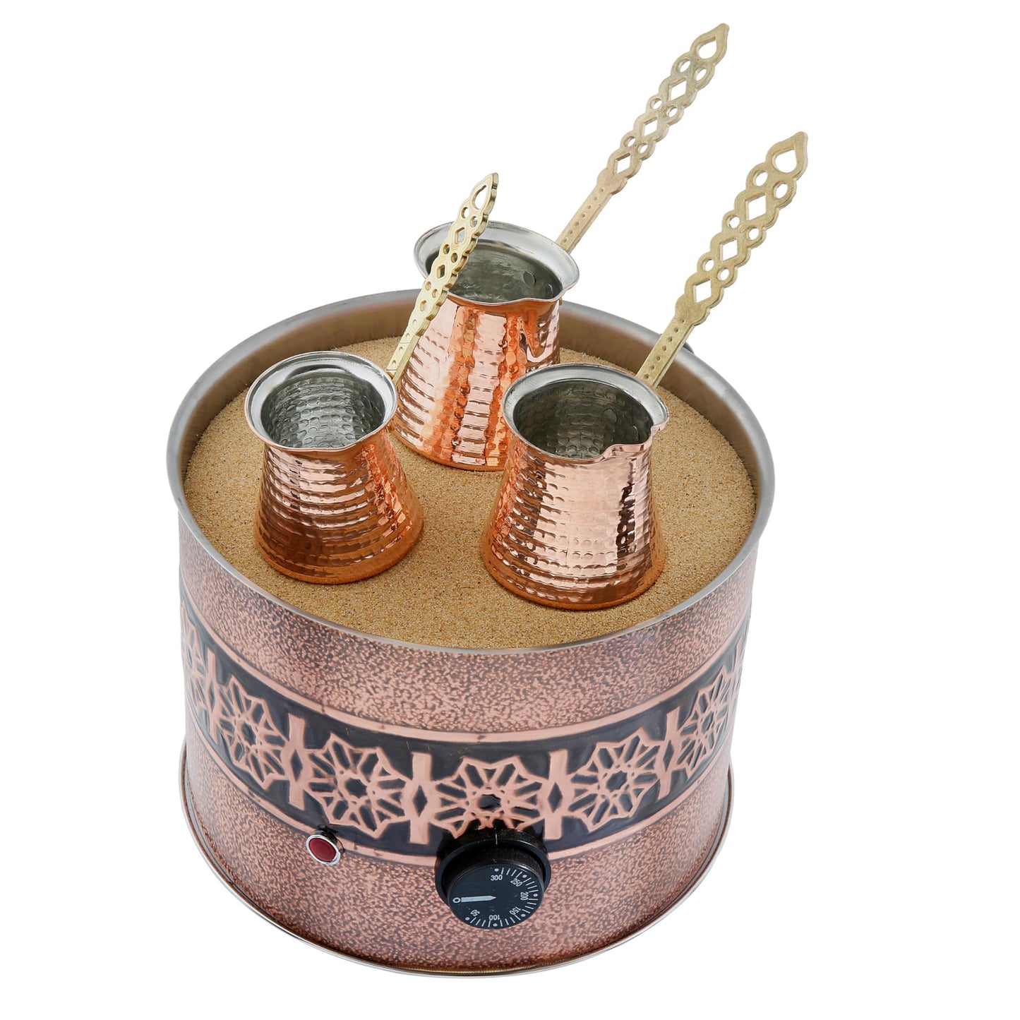 Tulip Home -Traditional Copper Turkish Heating Sand Coffee Maker Med Round Trend Design Machine 110~230 Volt With Pot Set (3Sizes)