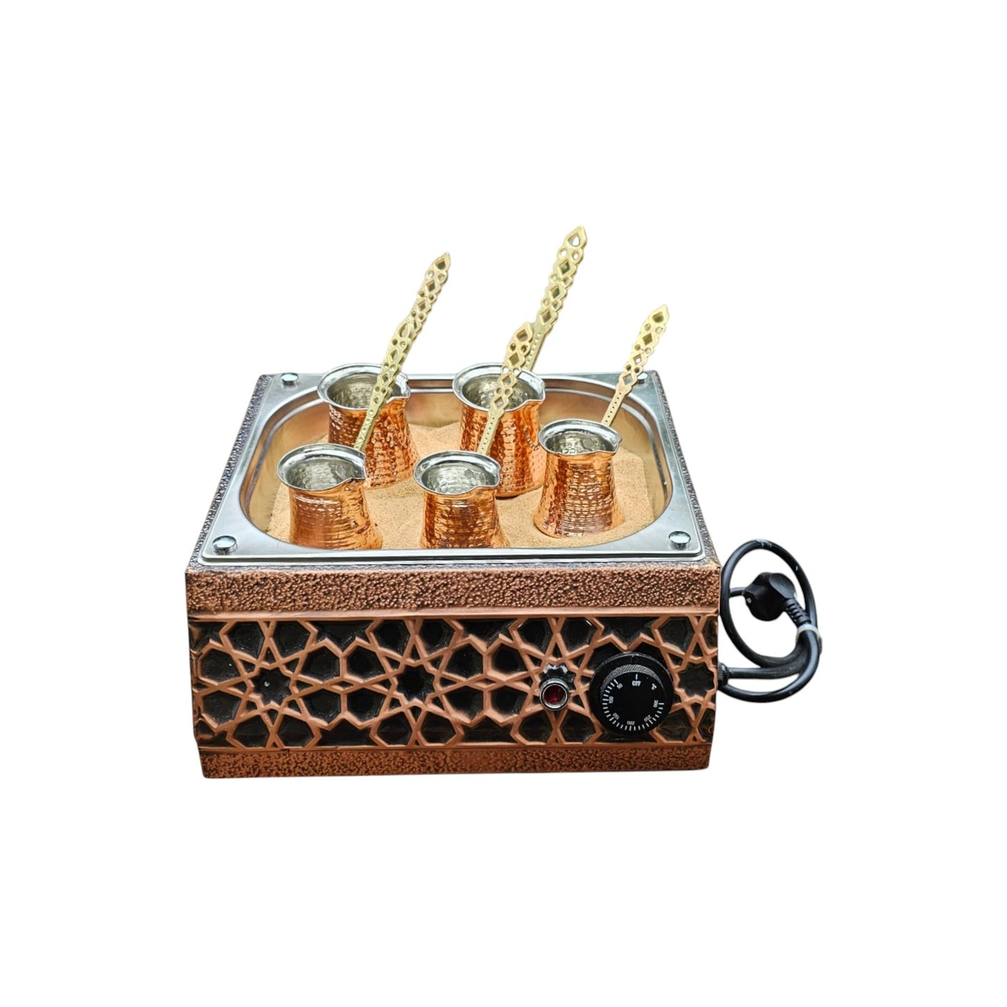 Tulip Home-Traditional Copper Turkish Heating Sand Coffee Maker Square Seljuk Design Machine 110~230 Volt With Pot Set (5 Sizes)