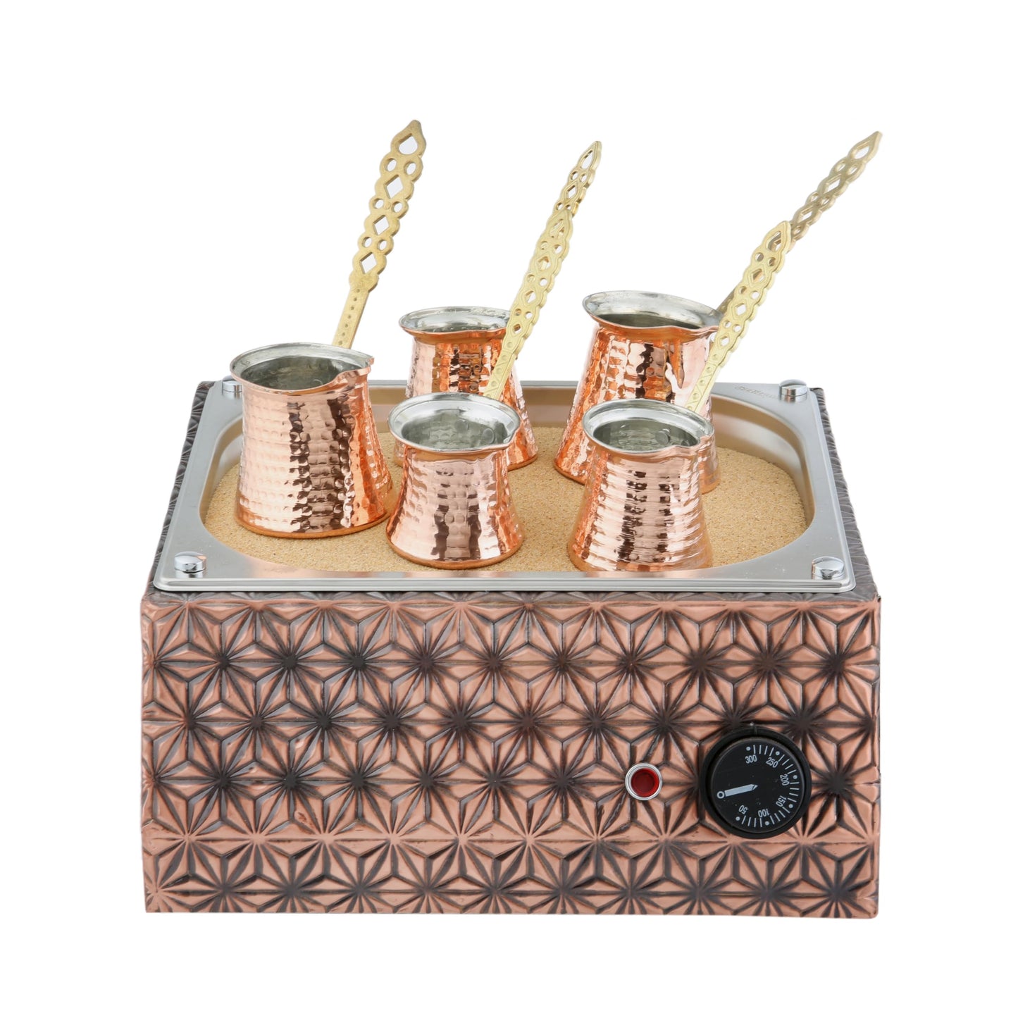 Tulip Home-Traditional Copper Turkish Heating Sand Coffee Maker Square Star Design Machine 110~230 Volt With Pot Set (5 Sizes)