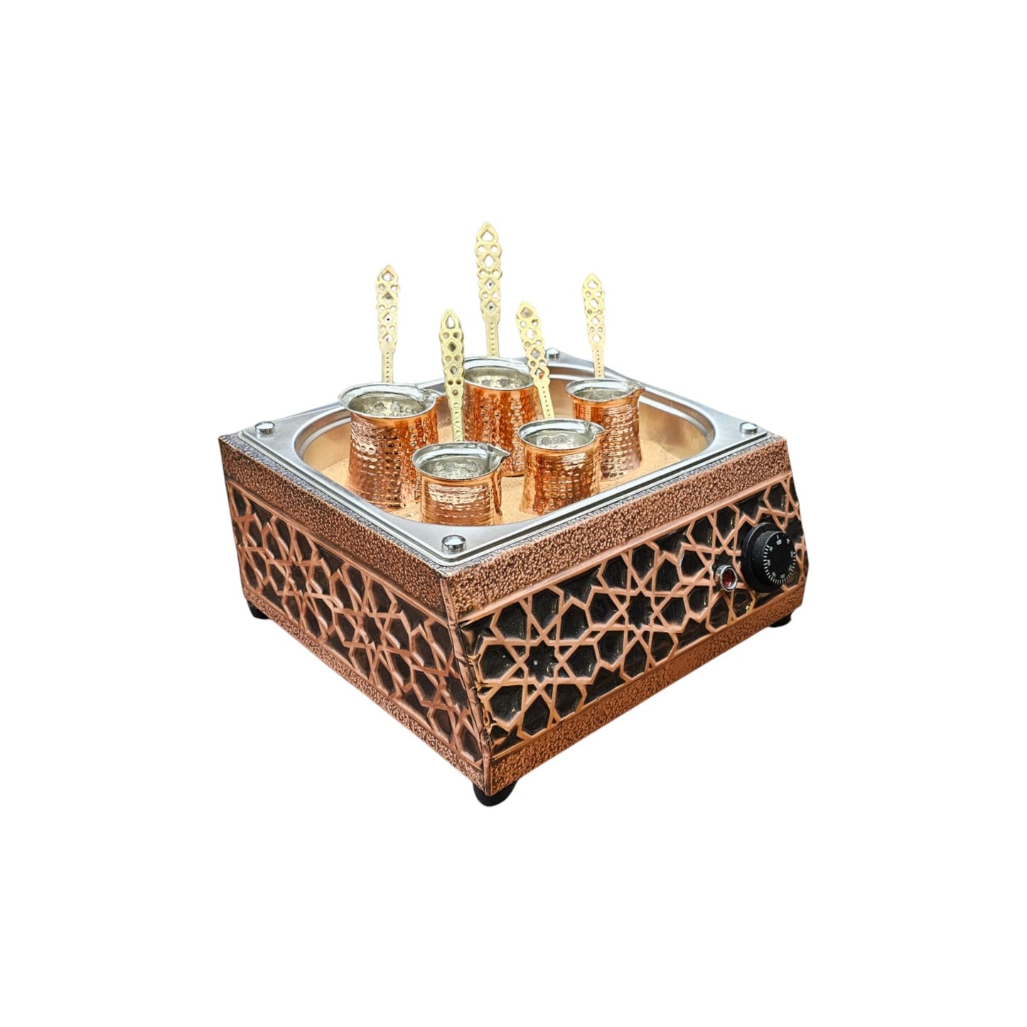 Tulip Home-Traditional Copper Turkish Heating Sand Coffee Maker Square Seljuk Design Machine 110~230 Volt With Pot Set (5 Sizes)