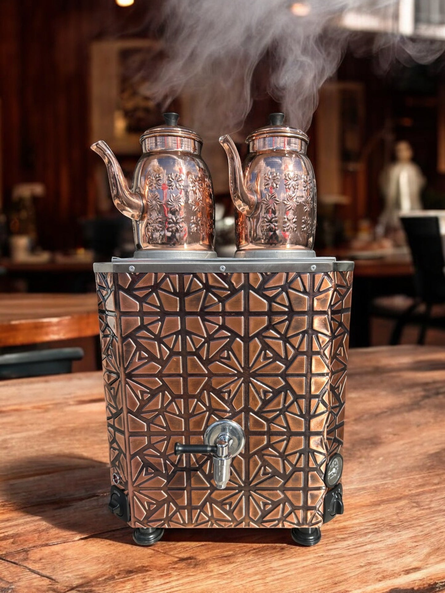 Original tea maker Decorated Electric Turkish Copper Tea and Coffee Samovar, with two Pots, 24-Liter Capacity