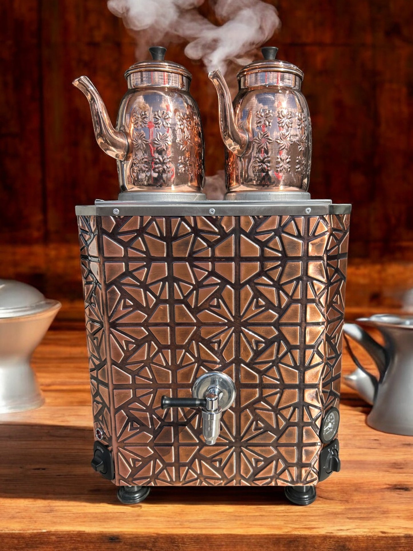 Original tea maker Decorated Electric Turkish Copper Tea and Coffee Samovar, with two Pots, 24-Liter Capacity