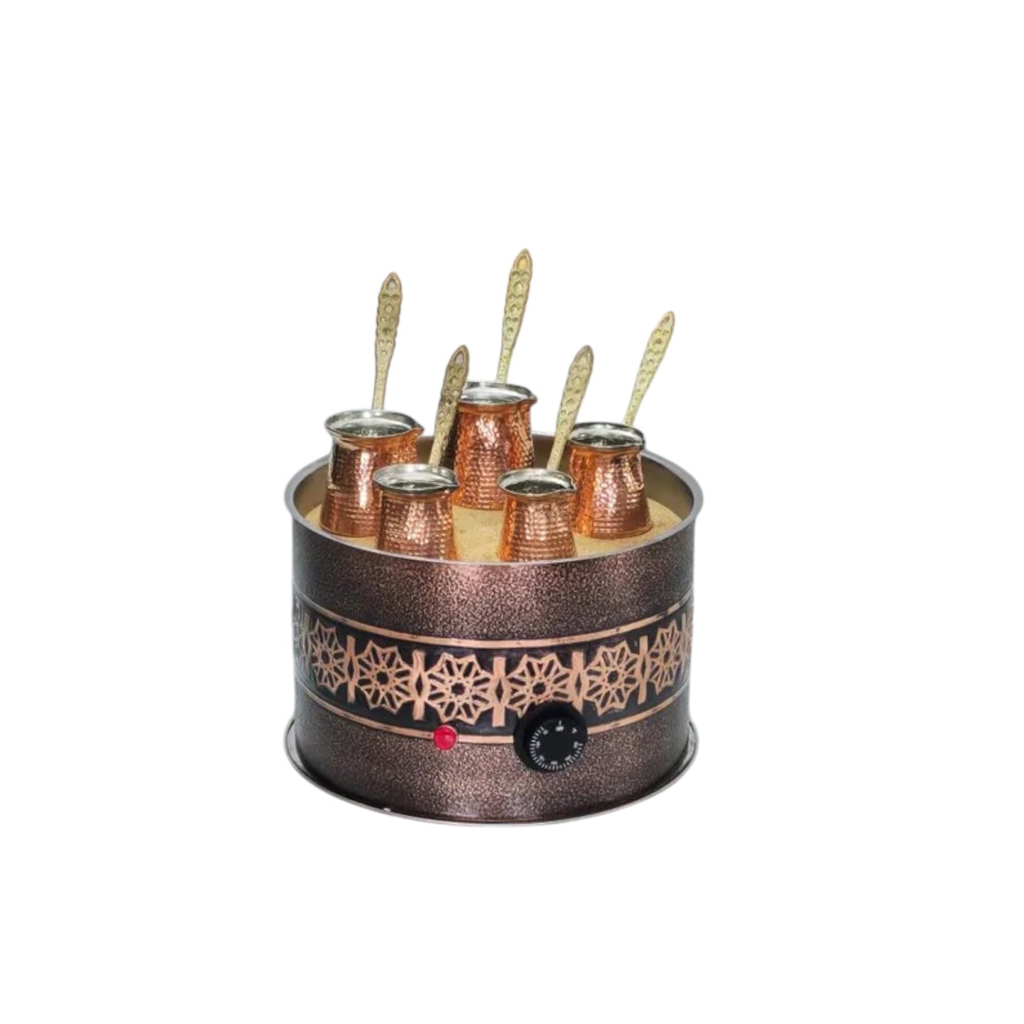 Tulip Home -Traditional Copper Turkish Heating Sand Coffee Maker Big Round Trend Design Machine 110~230 Volt With Pot Set (5 Cezve Sizes)