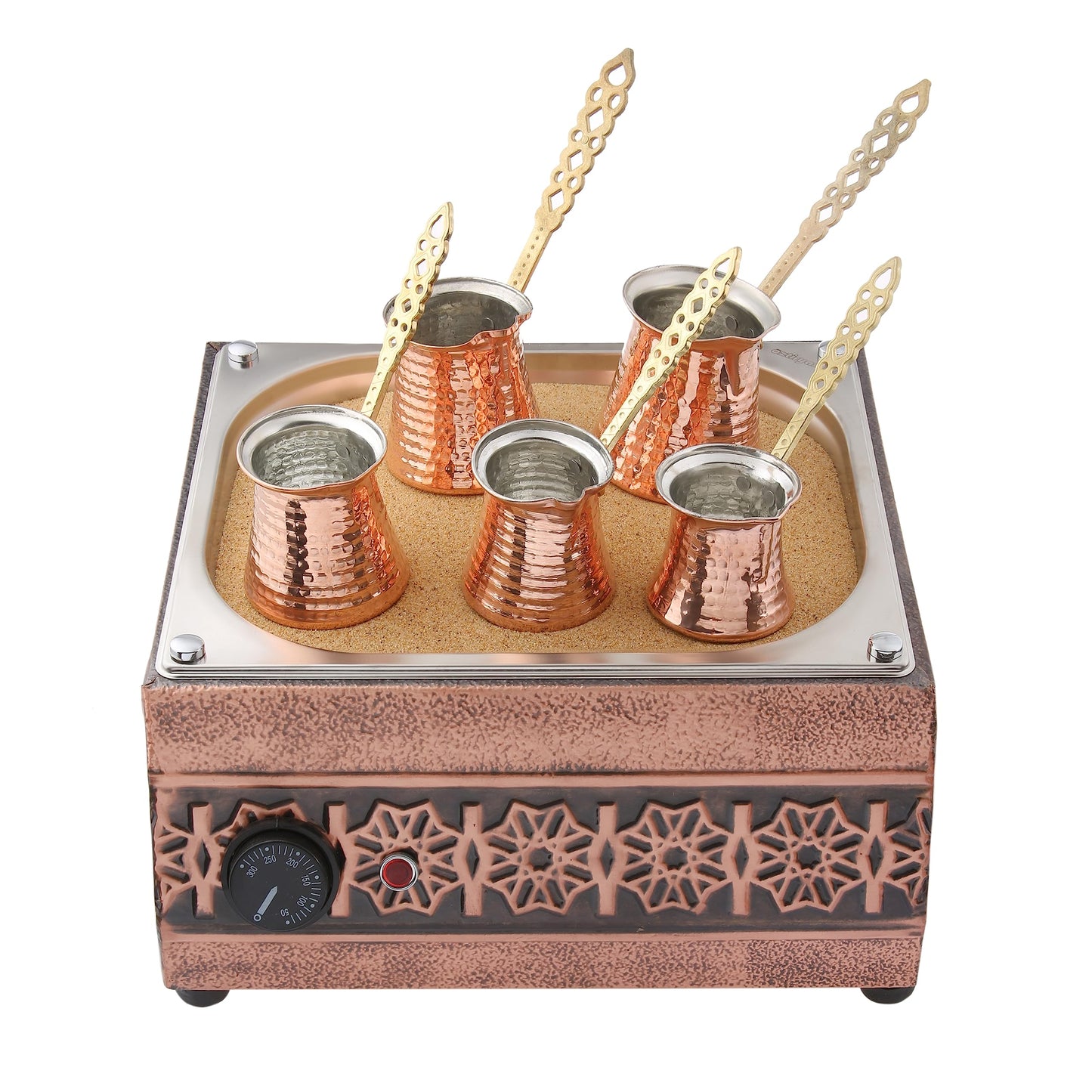 Tulip Home-Traditional Copper Turkish Heating Trend Coffee Maker Square Flower Design Machine 110~230 Volt With Pot Set (5 Sizes)