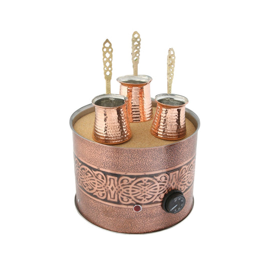 Tulip Home -Traditional Copper Turkish Heating Sand Coffee Maker Med Round ottoman Design Machine 110~230 Volt With Pot Set (3 Sizes)