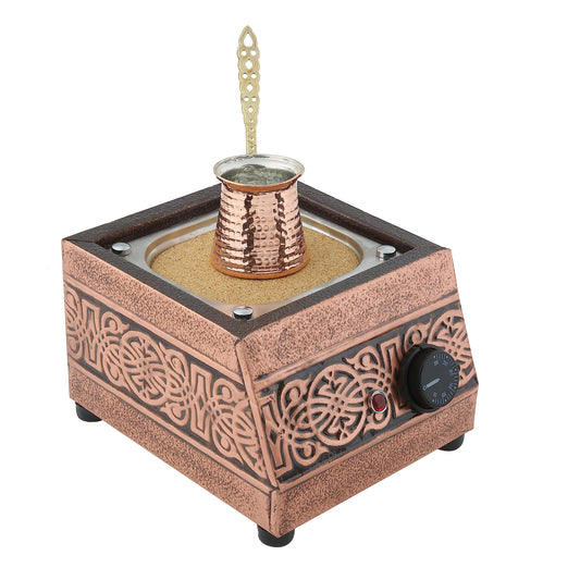Tulip Home - Traditional Copper Turkish Heating Sand Coffee Maker Square Ottoman Design2 Machine 110~230 Volt With Pot