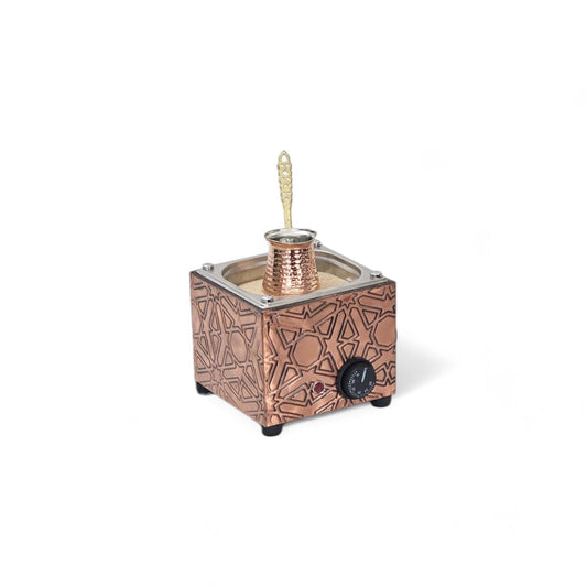Tulip Home - Traditional Copper Turkish Heating Sand Coffee Maker Square Geometrical Design Machine 110~230 Volt With Pot