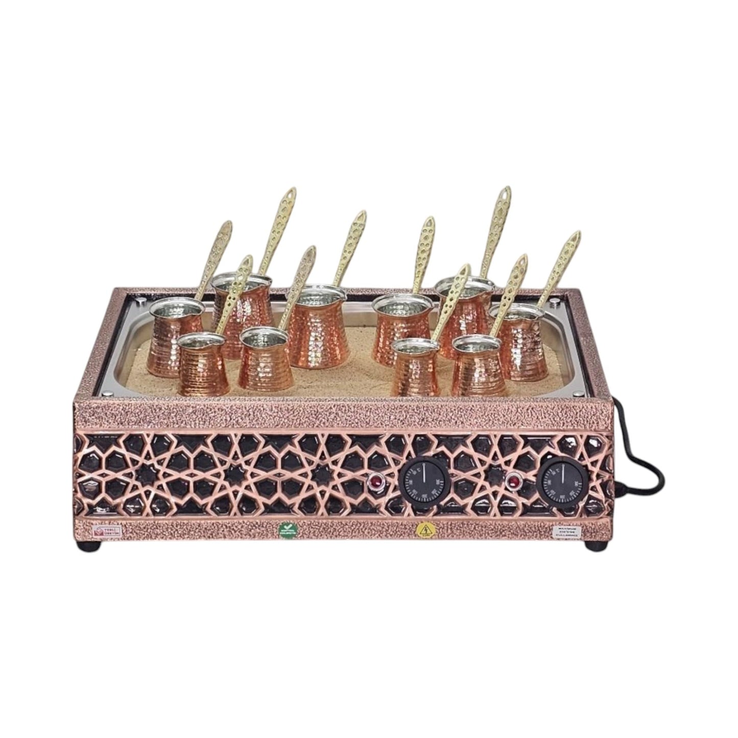 Tulip Home - Authentic Turkish Copper Electric Hot Sand Big Coffee Maker Heater Machine Seljuk Model 110V - 220V + 10 Size Turkish Coffee Pot