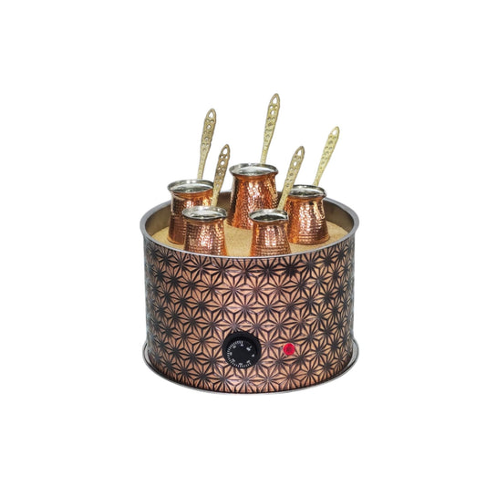 Tulip Home -Traditional Copper Turkish Heating Sand Coffee Maker Big Round Star Design Machine 110~230 Volt With Pot Set (5 Sizes)