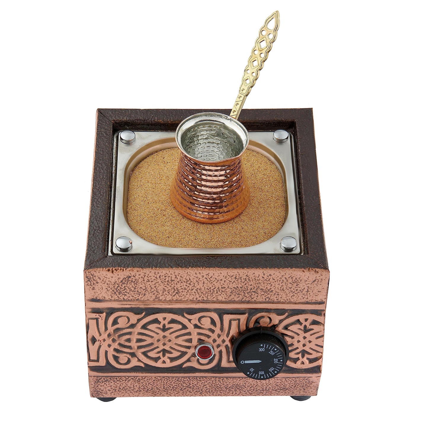 Tulip Home - Traditional Copper Turkish Heating Sand Coffee Maker Square Ottoman Design2 Machine 110~230 Volt With Pot