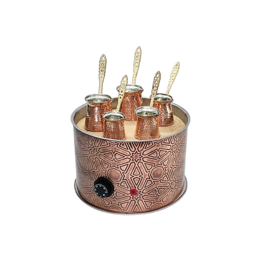 Tulip Home -Traditional Copper Turkish Heating Sand Coffee Maker Big Round Geometrical Design Machine 110~230 Volt With Pot Set (5 Sizes)