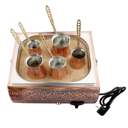 Ella Home - Authentic Turkish Copper Electric Hot Sand Med Coffee Maker Heater Machine 110V - 220V + 5 Size Turkish Coffee Pot and Coffee as Gift