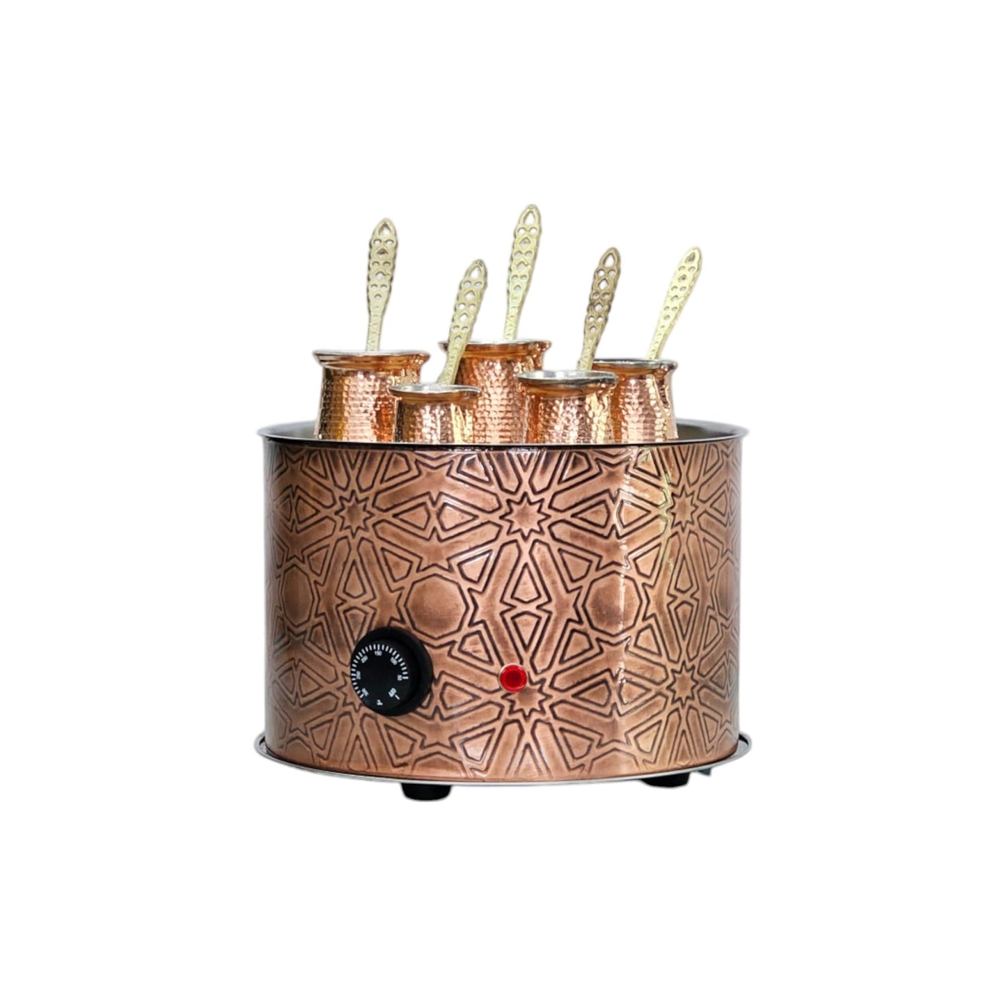 Tulip Home -Traditional Copper Turkish Heating Sand Coffee Maker Big Round Geometrical Design Machine 110~230 Volt With Pot Set (5 Sizes)