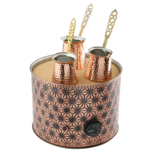 Tulip Home -Traditional Copper Turkish Heating Sand Coffee Maker Med Round Star Design Machine 110~230 Volt With Pot Set (3Sizes)
