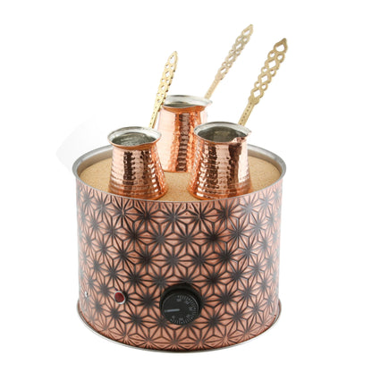 Tulip Home -Traditional Copper Turkish Heating Sand Coffee Maker Med Round Star Design Machine 110~230 Volt With Pot Set (3Sizes)
