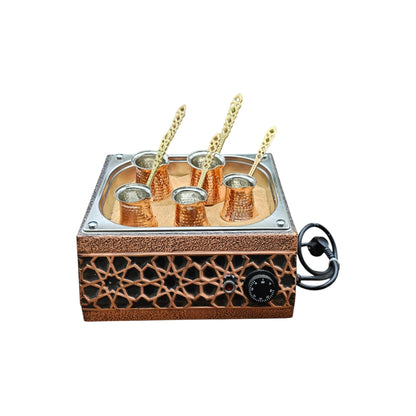 Tulip Home-Traditional Copper Turkish Heating Sand Coffee Maker Square Seljuk Design Machine 110~230 Volt With Pot Set (5 Sizes)