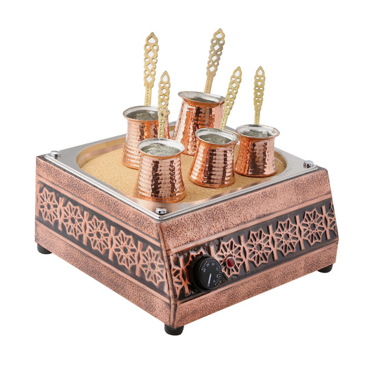 Tulip Home-Traditional Copper Turkish Heating Trend Coffee Maker Square Flower Design Machine 110~230 Volt With Pot Set (5 Sizes)
