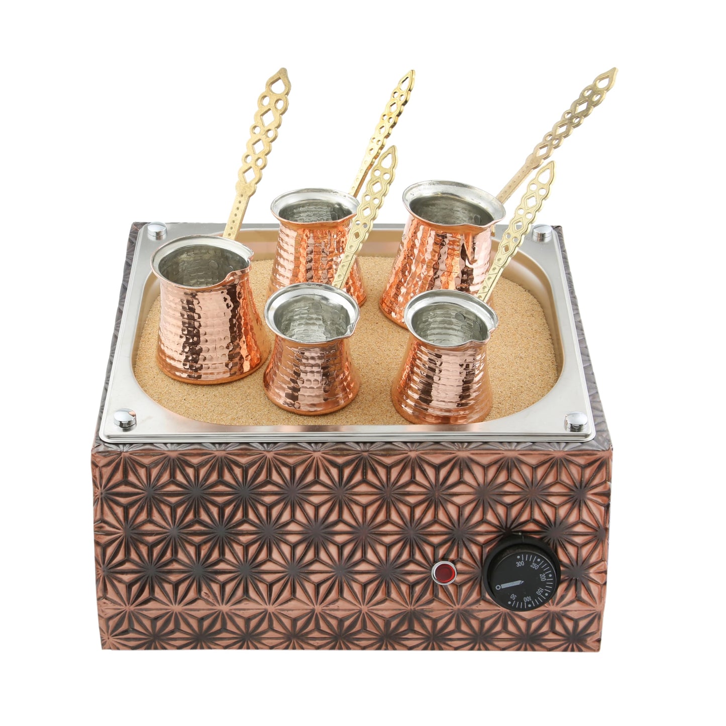 Tulip Home-Traditional Copper Turkish Heating Sand Coffee Maker Square Star Design Machine 110~230 Volt With Pot Set (5 Sizes)