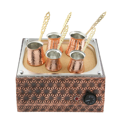 Tulip Home-Traditional Copper Turkish Heating Sand Coffee Maker Square Star Design Machine 110~230 Volt With Pot Set (5 Sizes)