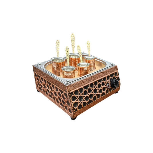 Tulip Home-Traditional Copper Turkish Heating Sand Coffee Maker Square Seljuk Design Machine 110~230 Volt With Pot Set (5 Sizes)