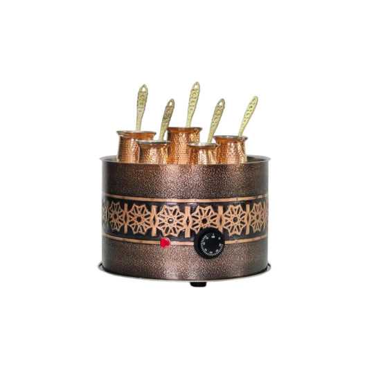 Tulip Home -Traditional Copper Turkish Heating Sand Coffee Maker Big Round Trend Design Machine 110~230 Volt With Pot Set (5 Cezve Sizes)