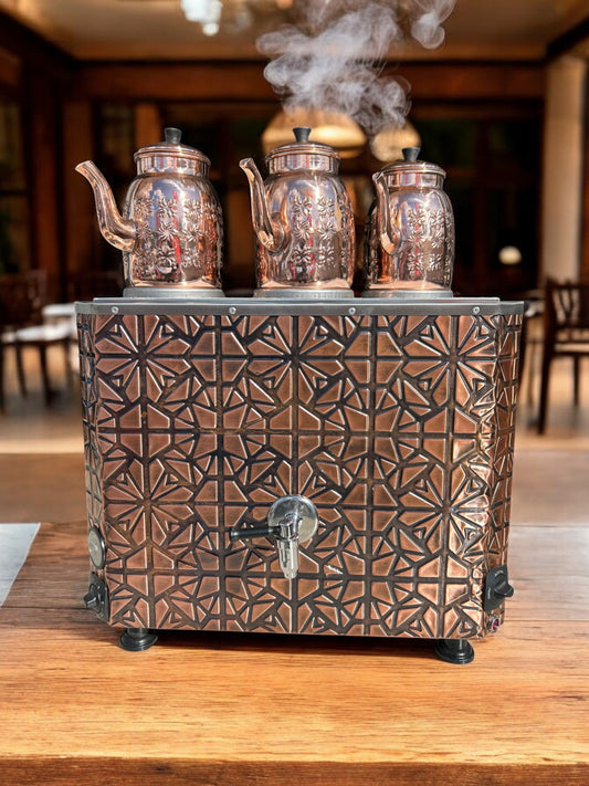 Original tea maker Decorated Electric Turkish Copper Tea and Coffee Samovar, with three Pots, 34-Liter Capacity