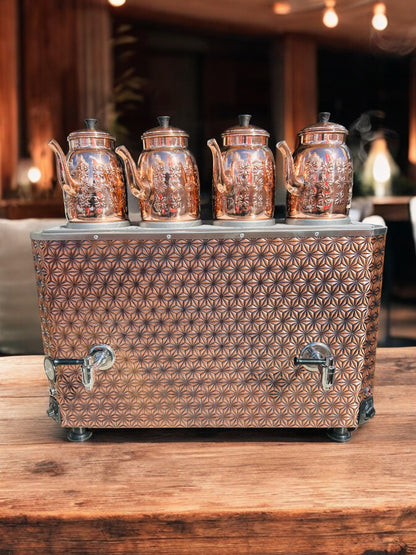 Original tea maker Decorated Electric Turkish Copper Tea and Coffee Samovar, with Four Pots, 44-Liter Capacity