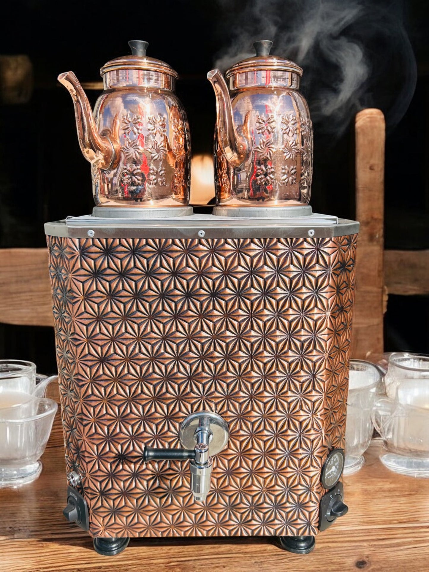 Original tea maker Decorated Electric Turkish Copper Tea and Coffee Stars Model Samovar, with two Pots, 24-Liter Capacity