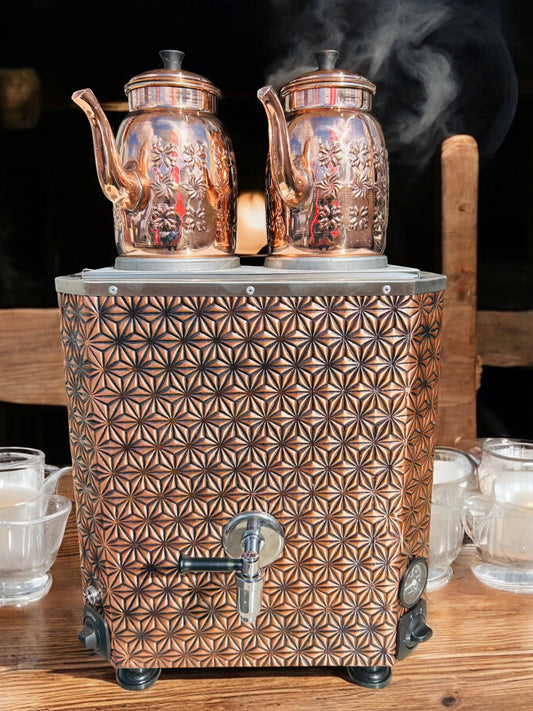 Original tea maker Decorated Electric Turkish Copper Tea and Coffee Stars Model Samovar, with two Pots, 24-Liter Capacity