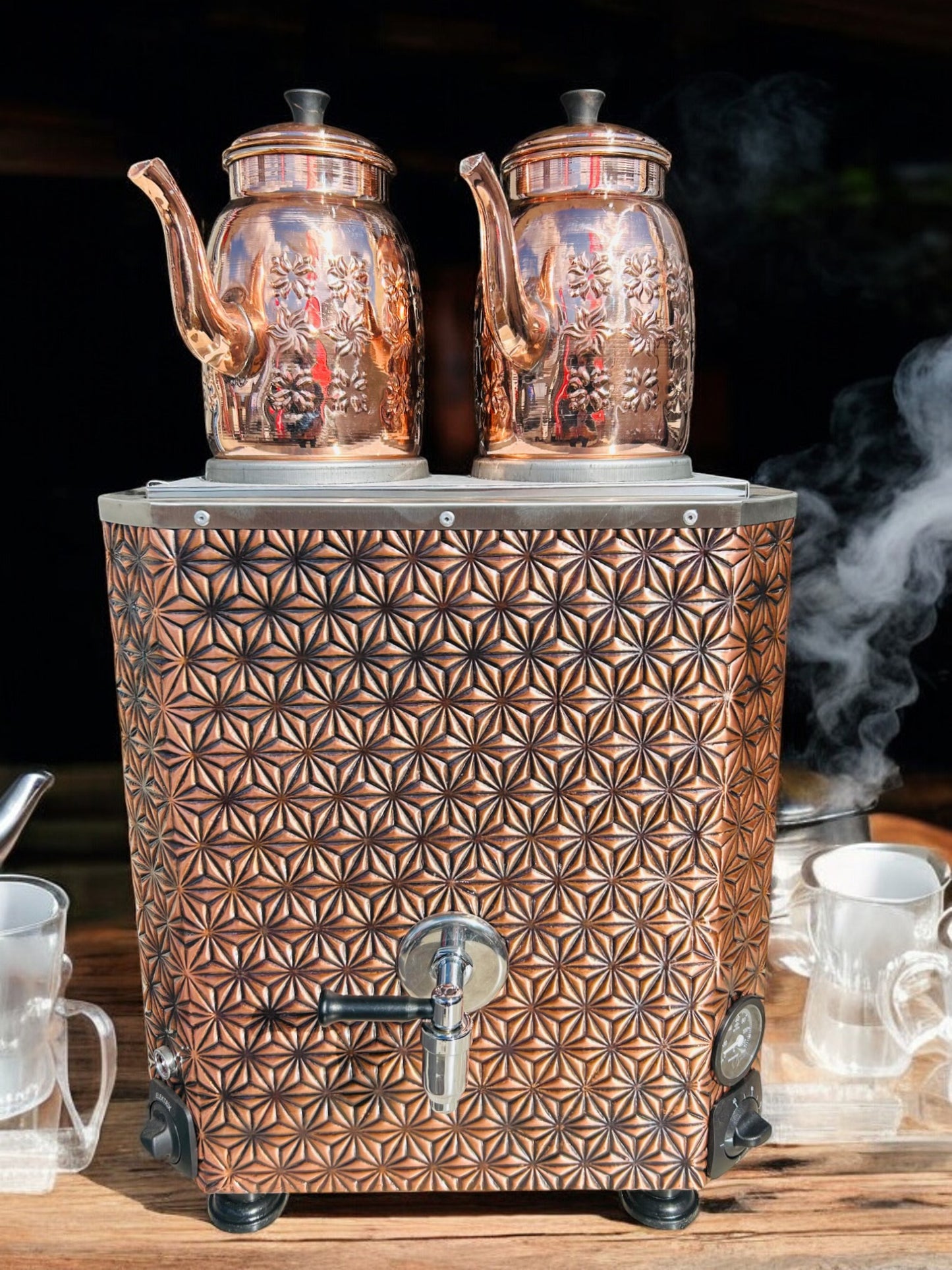 Original tea maker Decorated Electric Turkish Copper Tea and Coffee Stars Model Samovar, with two Pots, 24-Liter Capacity