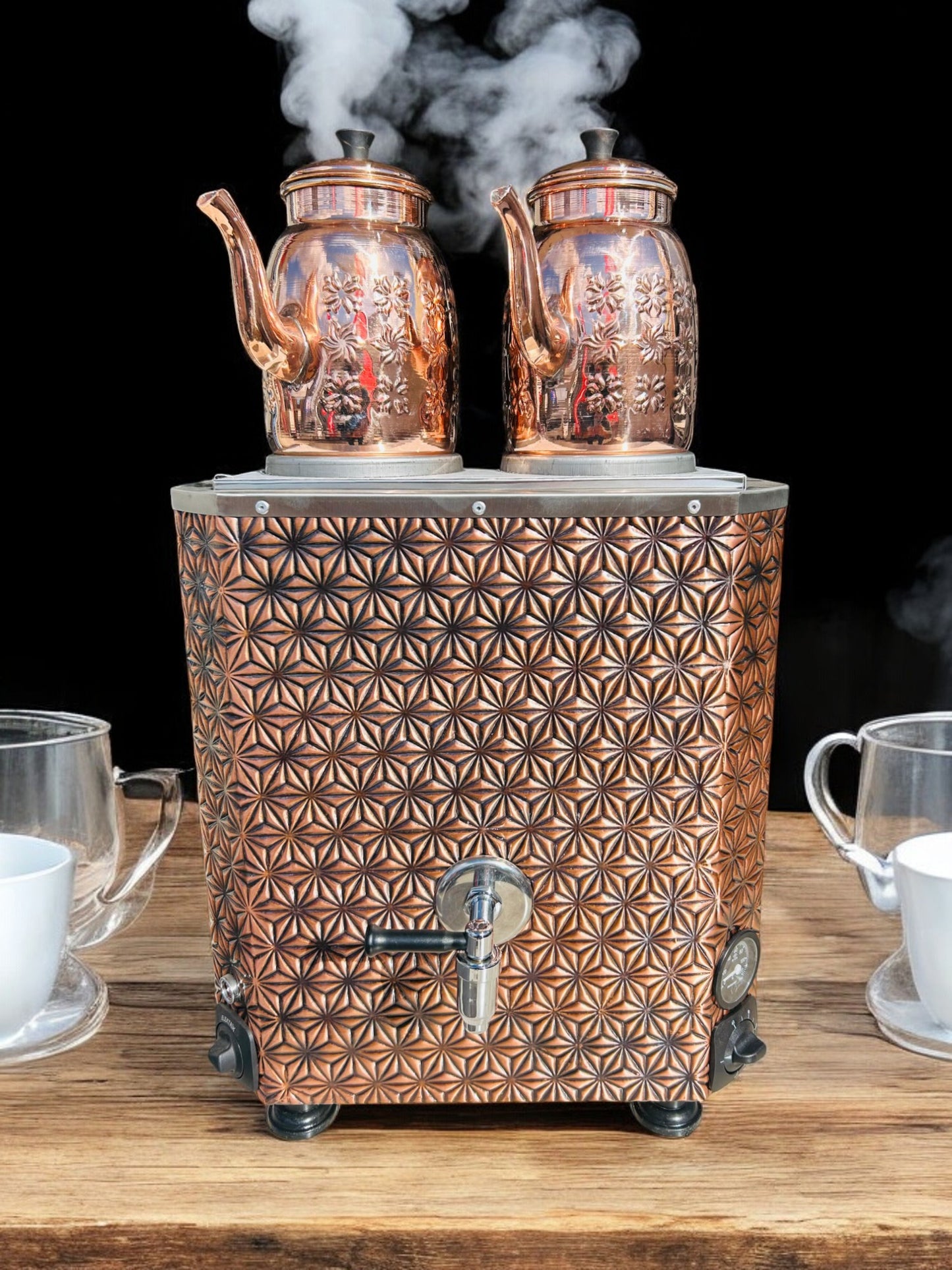 Original tea maker Decorated Electric Turkish Copper Tea and Coffee Stars Model Samovar, with two Pots, 24-Liter Capacity