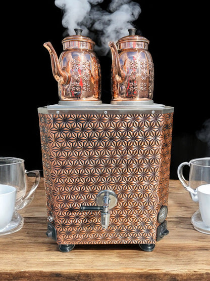 Original tea maker Decorated Electric Turkish Copper Tea and Coffee Stars Model Samovar, with two Pots, 24-Liter Capacity