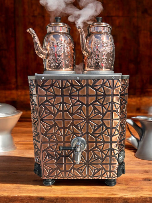 Original tea maker Decorated Electric Turkish Copper Tea and Coffee Samovar, with two Pots, 24-Liter Capacity