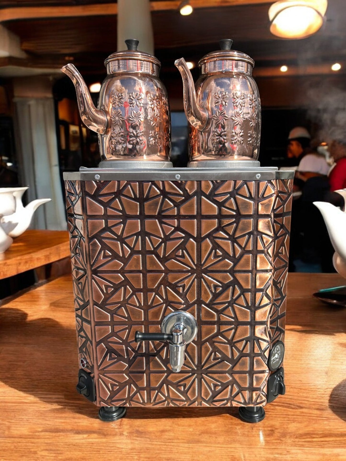 Original tea maker Decorated Electric Turkish Copper Tea and Coffee Samovar, with two Pots, 24-Liter Capacity