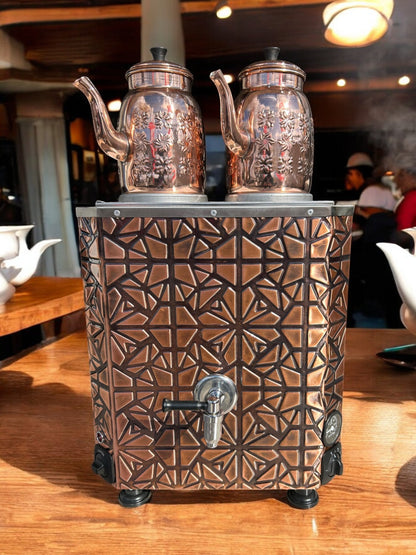 Original tea maker Decorated Electric Turkish Copper Tea and Coffee Samovar, with two Pots, 24-Liter Capacity