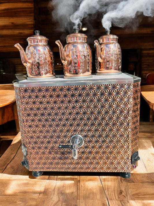 Original tea maker Decorated Electric Turkish Copper Tea and Coffee Samovar Star Model, with three Pots, 34-Liter Capacity