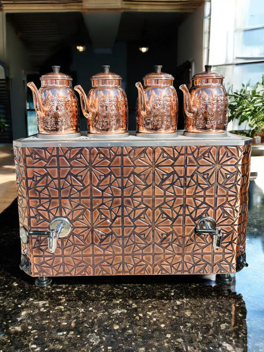 Original tea maker Decorated Electric Turkish Copper Tea and Coffee Samovar, with Four Pots, 44-Liter Capacity