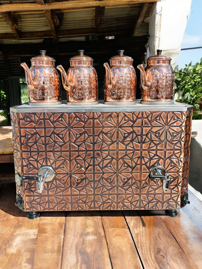 Original tea maker Decorated Electric Turkish Copper Tea and Coffee Samovar, with Four Pots, 44-Liter Capacity