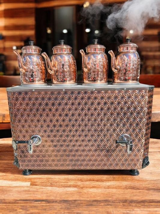Original tea maker Decorated Electric Turkish Copper Tea and Coffee Samovar, with Four Pots, 44-Liter Capacity
