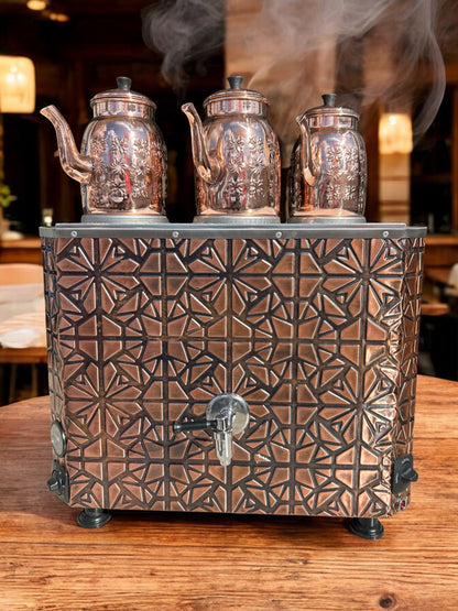 Original tea maker Decorated Electric Turkish Copper Tea and Coffee Samovar, with three Pots, 34-Liter Capacity