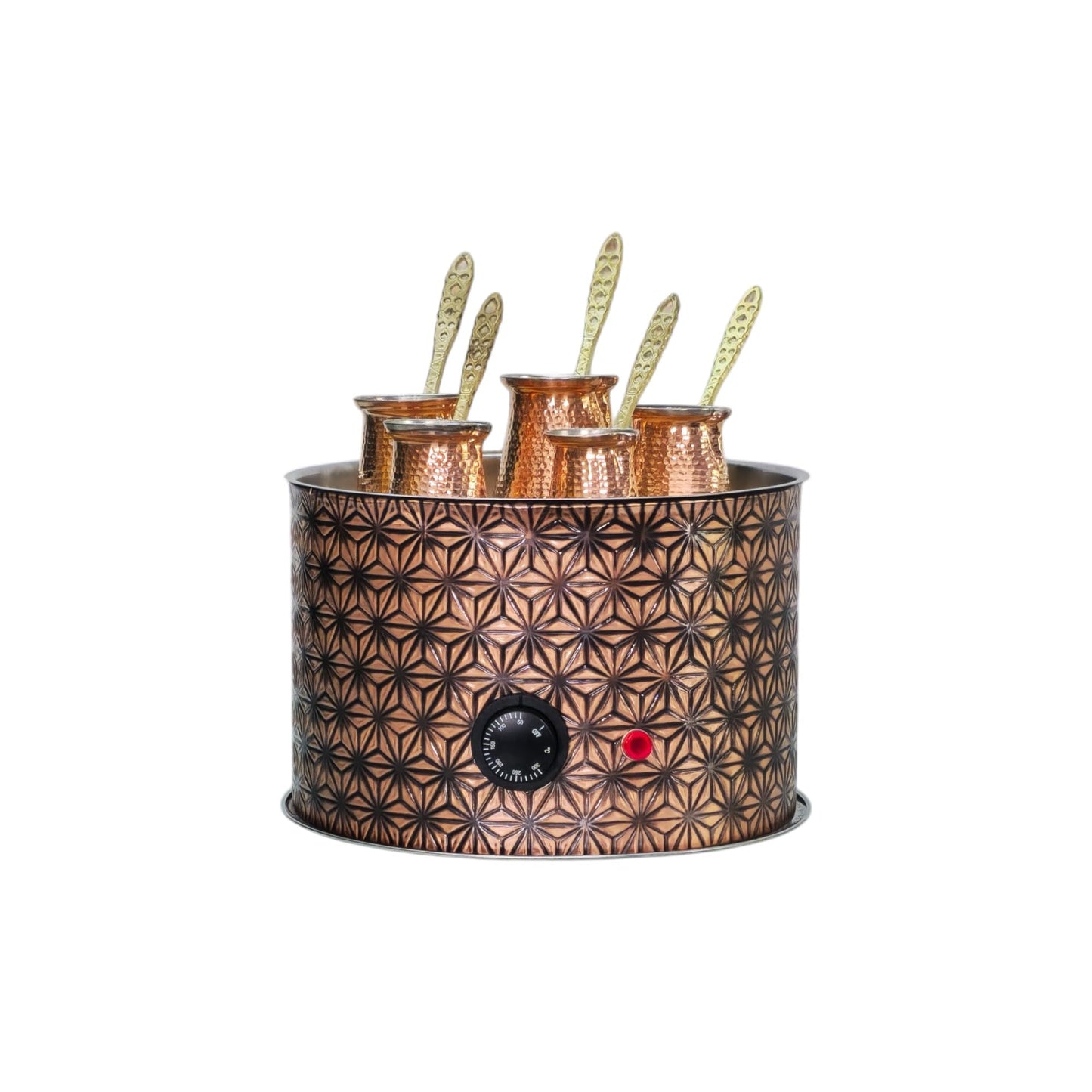 Tulip Home -Traditional Copper Turkish Heating Sand Coffee Maker Big Round Star Design Machine 110~230 Volt With Pot Set (5 Sizes)