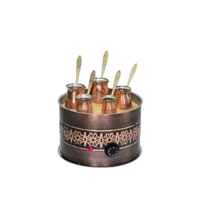 Tulip Home -Traditional Copper Turkish Heating Sand Coffee Maker Big Round Trend Design Machine 110~230 Volt With Pot Set (5 Cezve Sizes)