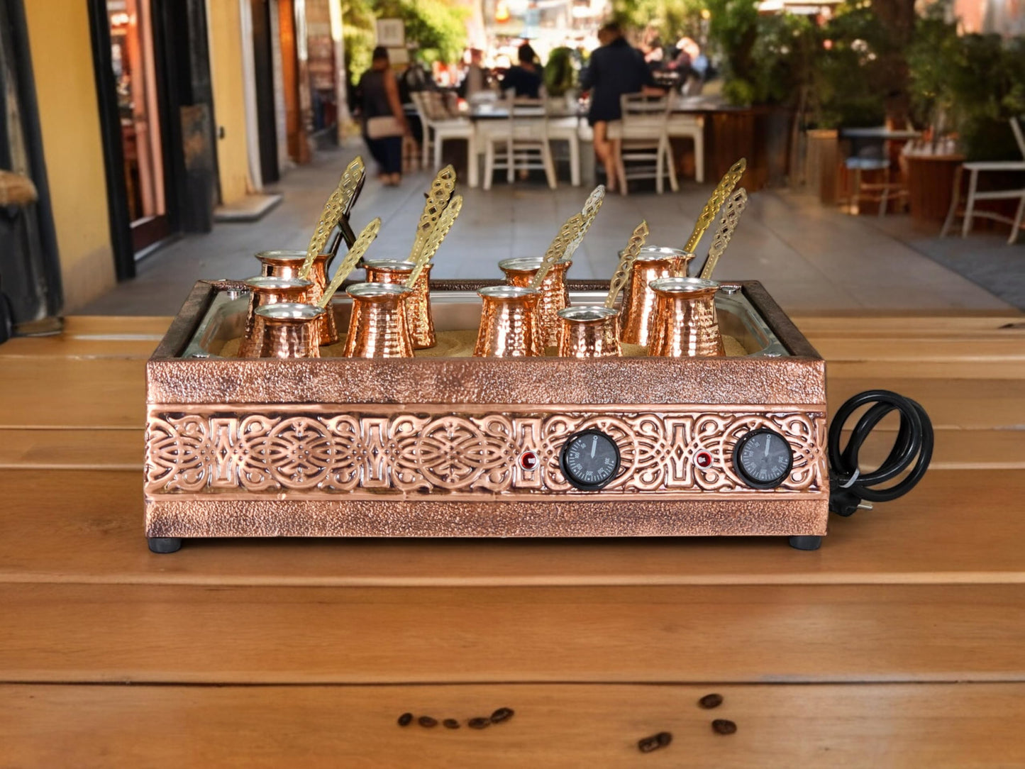 Tulip Home - Authentic Turkish Copper Electric Hot Sand Big Coffee Maker Heater Machine Ottoman Model 110V - 220V + 10 Size Turkish Coffee Pot