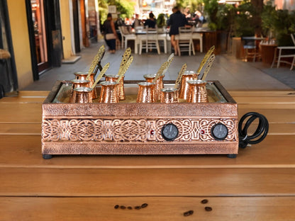 Tulip Home - Authentic Turkish Copper Electric Hot Sand Big Coffee Maker Heater Machine Ottoman Model 110V - 220V + 10 Size Turkish Coffee Pot