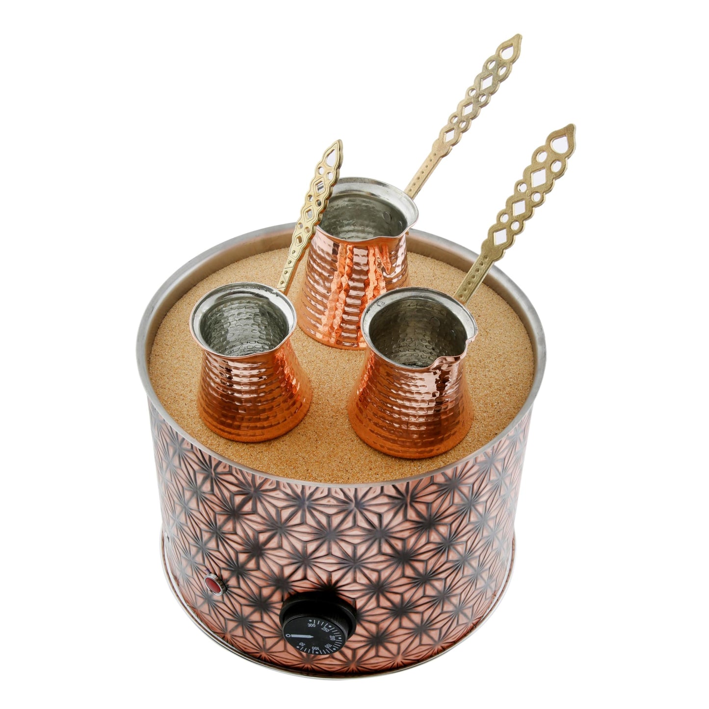 Tulip Home -Traditional Copper Turkish Heating Sand Coffee Maker Med Round Star Design Machine 110~230 Volt With Pot Set (3Sizes)